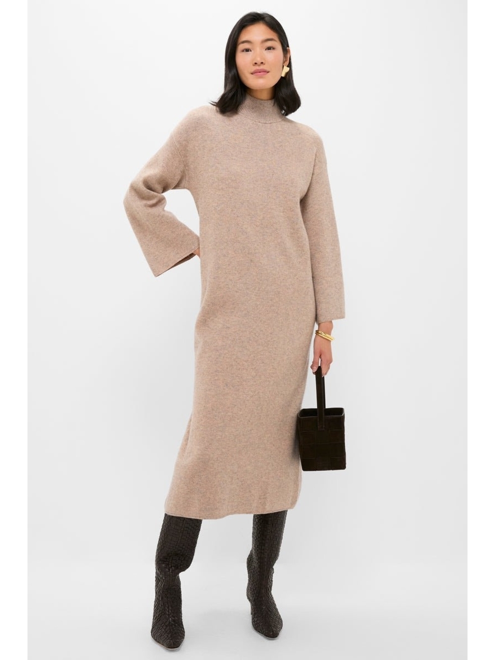 Pomander Place Neutral Mock-Neck Midi Sweater Dress in Beige Size M